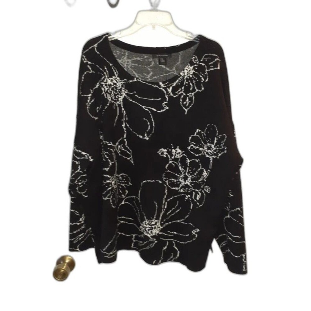 Tahari 3x black white floral print long sleeve heavyweight knit top